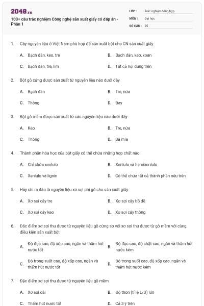 100+ câu trắc nghiệm Công nghệ sản xuất giấy có đáp án - Phần 1