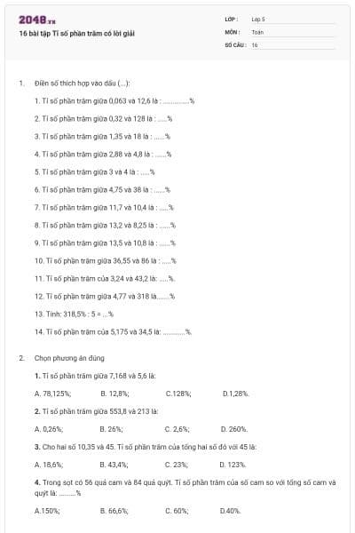 16 bài tập Tỉ số phần trăm có lời giải