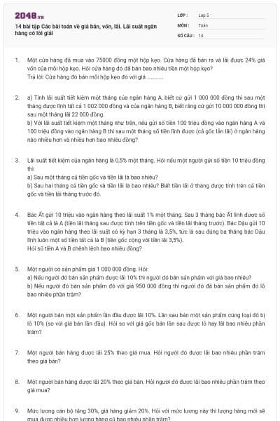 14 bài tập Các bài toán về giá bán, vốn, lãi. Lãi suất ngân hàng có lời giải