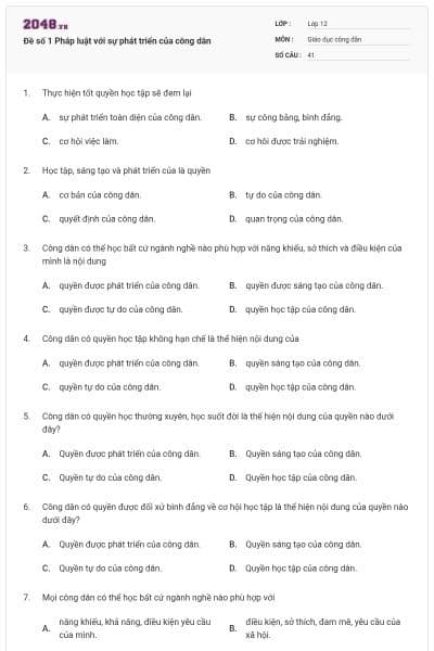 Đề số 1 Pháp luật với sự phát triển của công dân