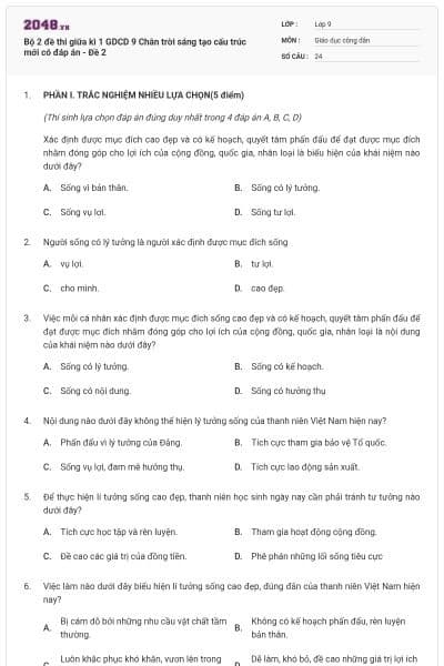 Bộ 2 đề thi giữa kì 1 GDCD 9 Chân trời sáng tạo cấu trúc mới có đáp án - Đề 2