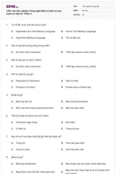 100+ câu trắc nghiệm Công nghệ Web và dịch vụ trực tuyến có đáp án -Phần 3