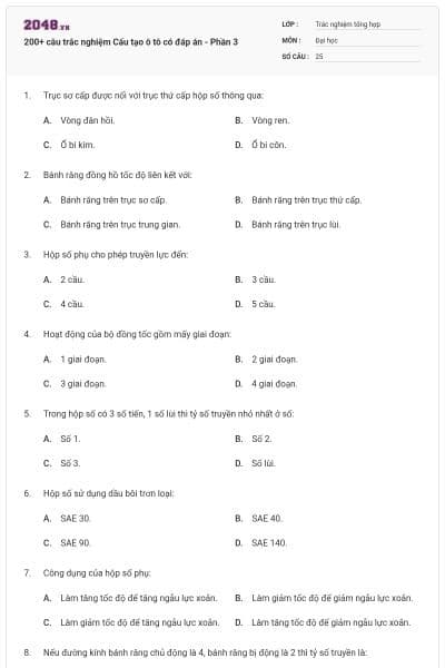 200+ câu trắc nghiệm Cấu tạo ô tô có đáp án - Phần 3