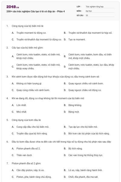 200+ câu trắc nghiệm Cấu tạo ô tô có đáp án - Phần 4