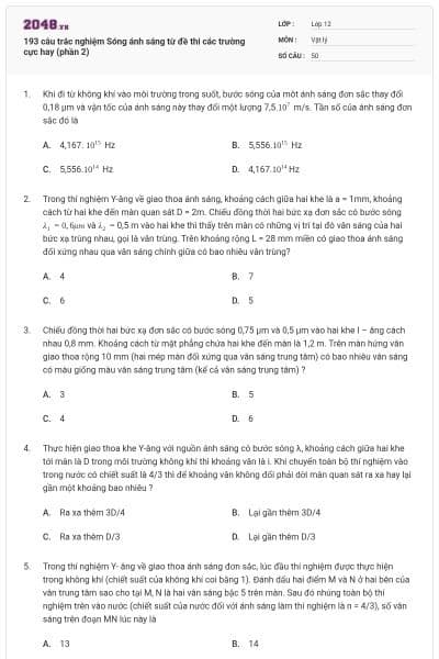 193 câu trắc nghiệm Sóng ánh sáng từ đề thi các trường cực hay (phần 2)