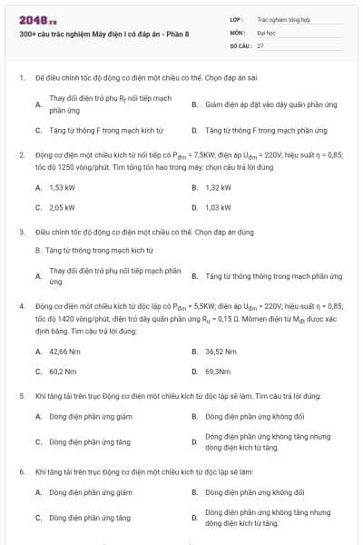300+ câu trắc nghiệm Máy điện I có đáp án - Phần 8