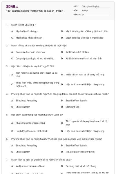 100+ câu trắc nghiệm Thiết kế VLSI có đáp án - Phần 4