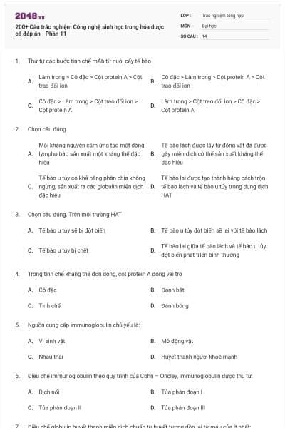 200+ Câu trắc nghiệm Công nghệ sinh học trong hóa dược có đáp án - Phần 11