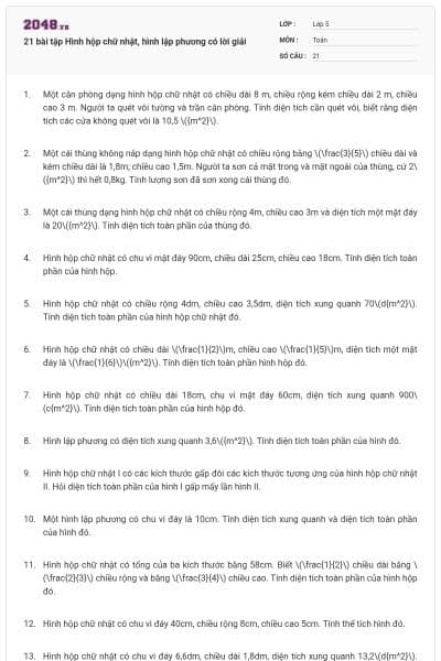 21 bài tập Hình hộp chữ nhật, hình lập phương có lời giải