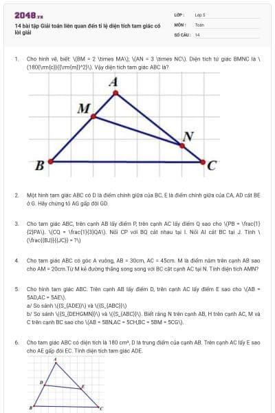 14 bài tập Giải toán liên quan đến tỉ lệ diện tích tam giác có lời giải