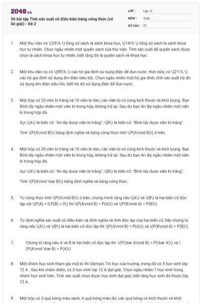 56 bài tập Tính xác suất có điều kiện bằng công thức (có lời giải) - Đề 2