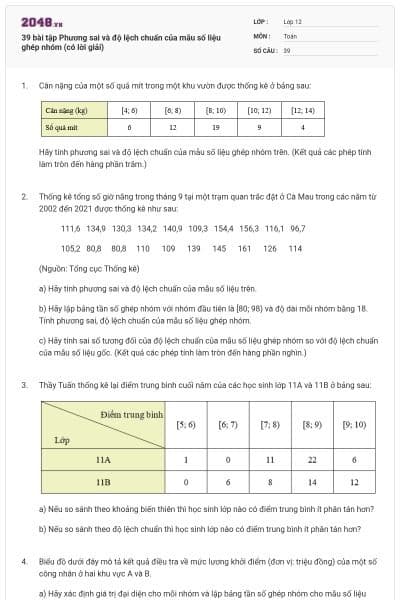 39 bài tập Phương sai và độ lệch chuẩn của mẫu số liệu ghép nhóm (có lời giải)