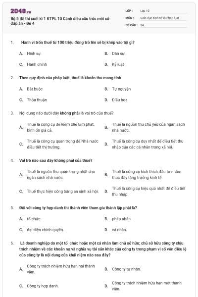 Bộ 5 đề thi cuối kì 1 KTPL 10 Cánh diều cấu trúc mới có đáp án - Đề 4