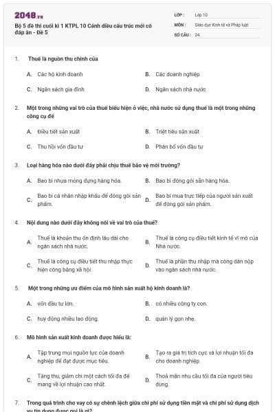 Bộ 5 đề thi cuối kì 1 KTPL 10 Cánh diều cấu trúc mới có đáp án - Đề 5