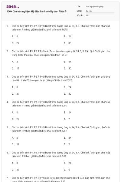 300+ Câu trắc nghiệm Hệ điều hành có đáp án - Phần 5