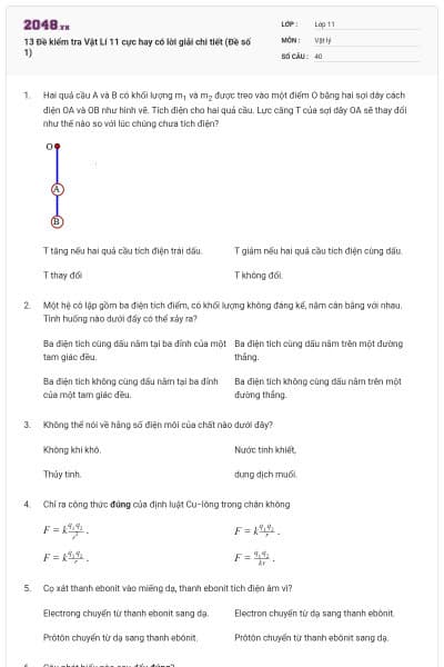 13 Đề kiểm tra Vật Lí 11 cực hay có lời giải chi tiết (Đề số 1)