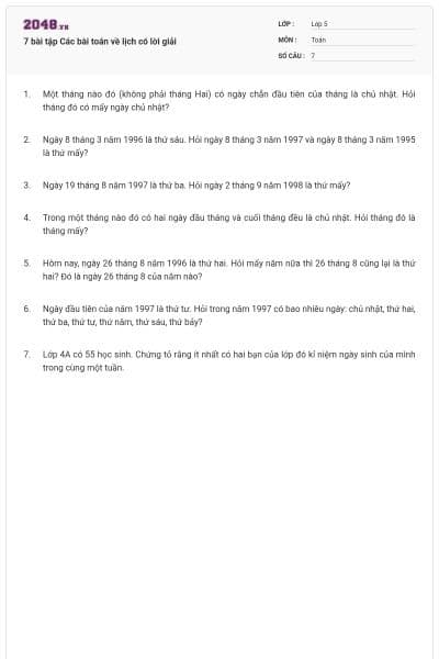 7 bài tập Các bài toán về lịch có lời giải