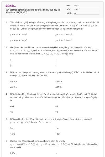 524 Bài trắc nghiệm Dao động cơ từ đề thi thử cực hay có lời giải chi tiết(Đề số 7)