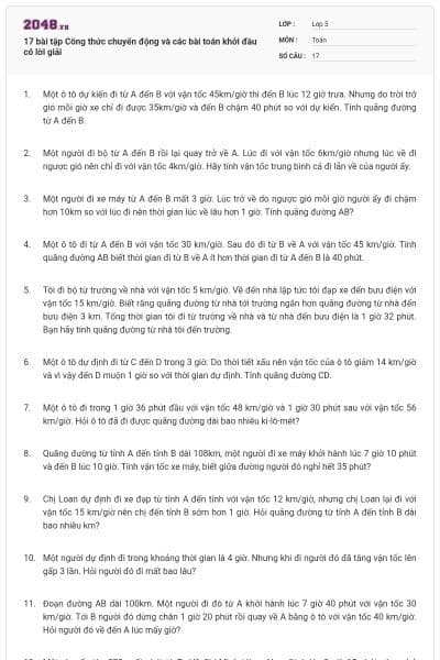 17 bài tập Công thức chuyển động và các bài toán khởi đầu có lời giải
