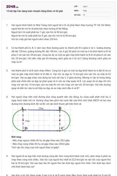 13 bài tập Các dạng toán chuyển động khác có lời giải