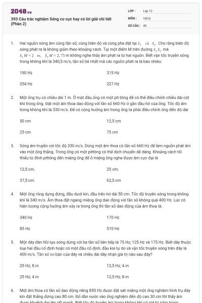 393 Câu trắc nghiệm Sóng cơ cực hay có lời giải chi tiết (Phần 2)