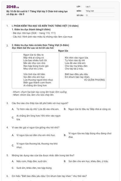 Bộ 10 đề thi cuối kì 1 Tiếng Việt lớp 3 Chân trời sáng tạo có đáp án - Đề 9