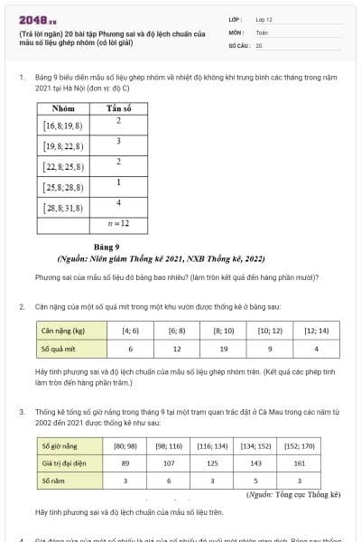 (Trả lời ngắn) 20 bài tập Phương sai và độ lệch chuẩn của mẫu số liệu ghép nhóm (có lời giải)
