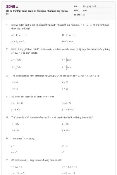 Đề thi thử thpt quốc gia môn Toán mới nhất cực hay (Đế số 5)