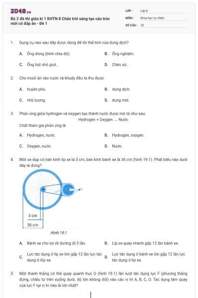 Bộ 2 đề thi giữa kì 1 KHTN 8 Chân trời sáng tạo cấu trúc mới có đáp án - Đề 1