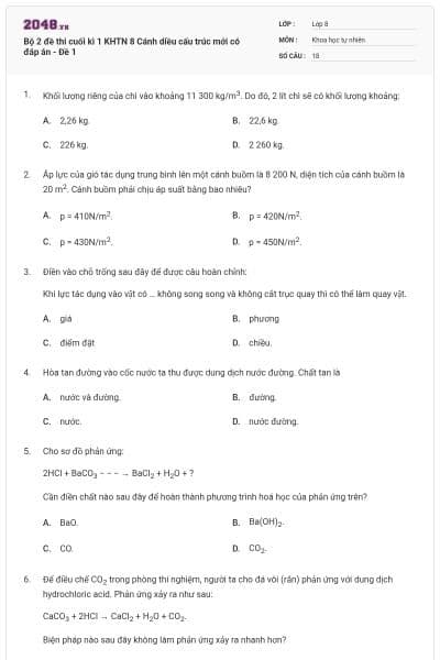 Bộ 2 đề thi cuối kì 1 KHTN 8 Cánh diều cấu trúc mới có đáp án - Đề 1