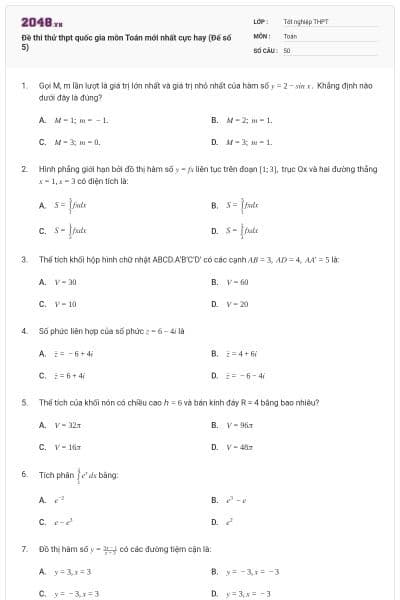 Đề thi thử thpt quốc gia môn Toán mới nhất cực hay (Đế số 5)