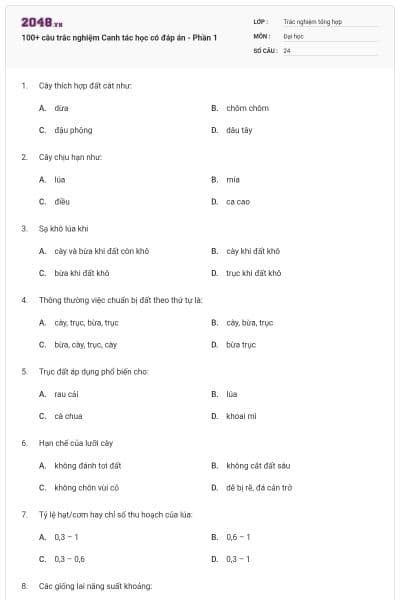100+ câu trắc nghiệm Canh tác học có đáp án - Phần 1