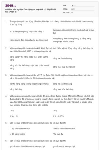 400 Bài trắc nghiệm Dao động cơ hay nhất có lời giải chi tiết (Phần 3)