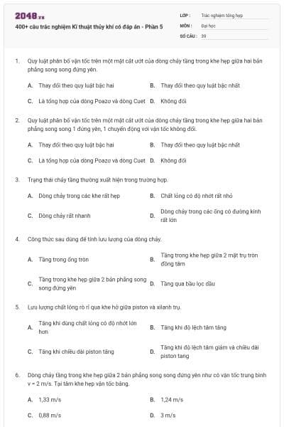 400+ câu trắc nghiệm Kĩ thuật thủy khí có đáp án - Phần 5