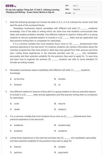 20 câu trắc nghiệm Tiếng Anh 12 Unit 5. Lifelong Learning -Reading and Writing - iLearn Smart World có đáp án