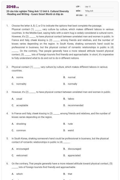 20 câu trắc nghiệm Tiếng Anh 12 Unit 6. Cultural Diversity -Reading and Writing - iLearn Smart World có đáp án