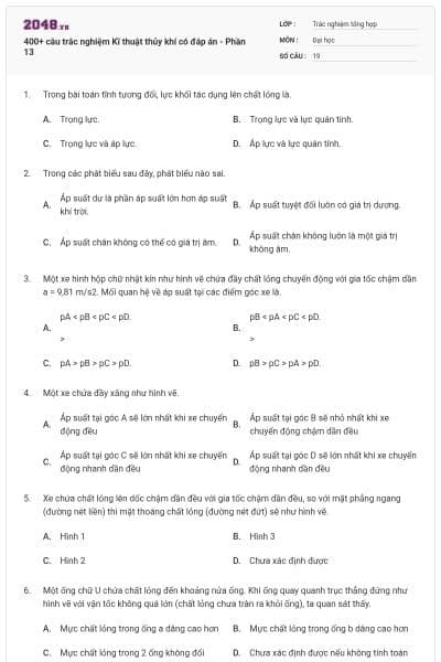 400+ câu trắc nghiệm Kĩ thuật thủy khí có đáp án - Phần 13