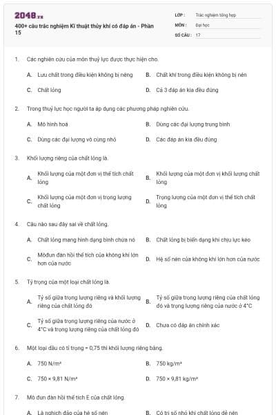 400+ câu trắc nghiệm Kĩ thuật thủy khí có đáp án - Phần 15