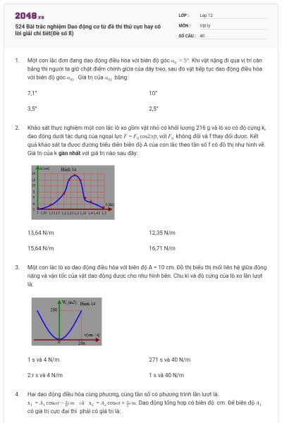 524 Bài trắc nghiệm Dao động cơ từ đề thi thử cực hay có lời giải chi tiết(Đề số 8)