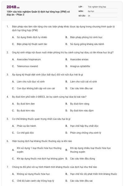 100+ câu trắc nghiệm Quản lý dịch hại tổng hợp (IPM) có đáp án - Phần 3