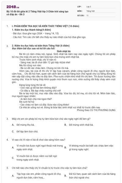Bộ 10 đề thi giữa kì 2 Tiếng Việt lớp 3 Chân trời sáng tạo có đáp án - Đề 3