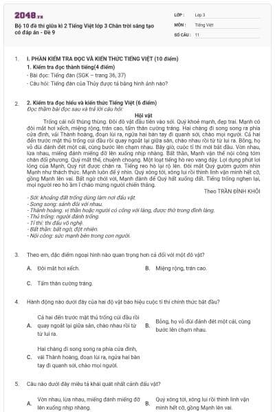 Bộ 10 đề thi giữa kì 2 Tiếng Việt lớp 3 Chân trời sáng tạo có đáp án - Đề 9