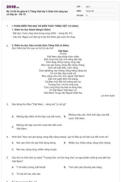 Bộ 10 đề thi giữa kì 2 Tiếng Việt lớp 3 Chân trời sáng tạo có đáp án - Đề 10