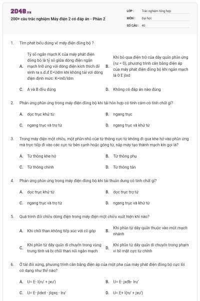 200+ câu trắc nghiệm Máy điện 2 có đáp án - Phần 2