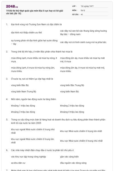 19 Đề thi thử thpt quốc gia môn Địa lí cực hay có lời giải chi tiết (đề 18)