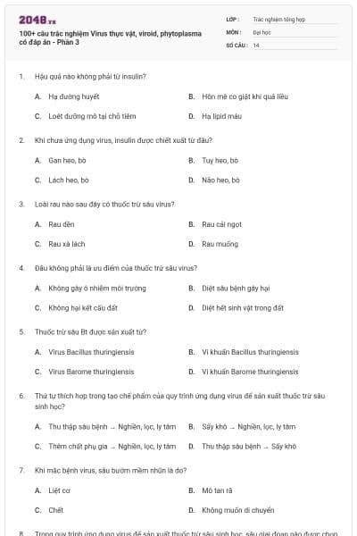 100+ câu trắc nghiệm Virus thực vật, viroid, phytoplasma có đáp án - Phần 3