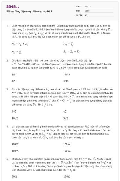 Bài tập Dòng điện xoay chiều cực hay Đề 4