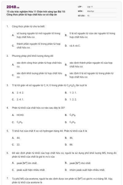 15 câu trắc nghiệm Hóa 11 Chân trời sáng tạo Bài 10: Công thức phân tử hợp chất hữu cơ có đáp án