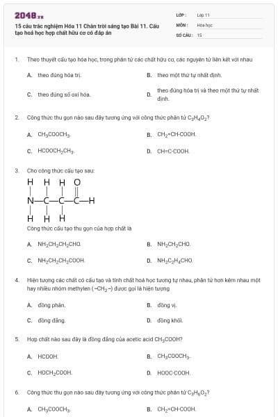 15 câu trắc nghiệm Hóa 11 Chân trời sáng tạo Bài 11. Cấu tạo hoá học hợp chất hữu cơ có đáp án