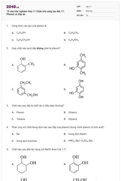 15 câu trắc nghiệm Hóa 11 Chân trời sáng tạo Bài 17: Phenol có đáp án